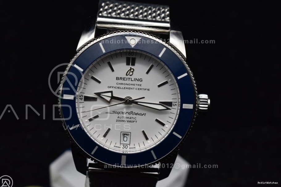 Dial Ceramic A on SS White II BLSF 42mm Blue SS Bezel Bracelet 1186 Mesh Heritage Soft SuperOcean 0309